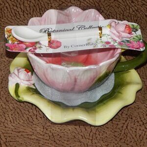 Corner Ruby Garden Collection Rose Flower Teacup Scalloped Saucer & Spoon New